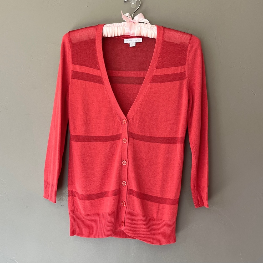 NY & Co V-Neck Knit Mesh Lightweight Coral Cardigan Layering Office Sexy XS